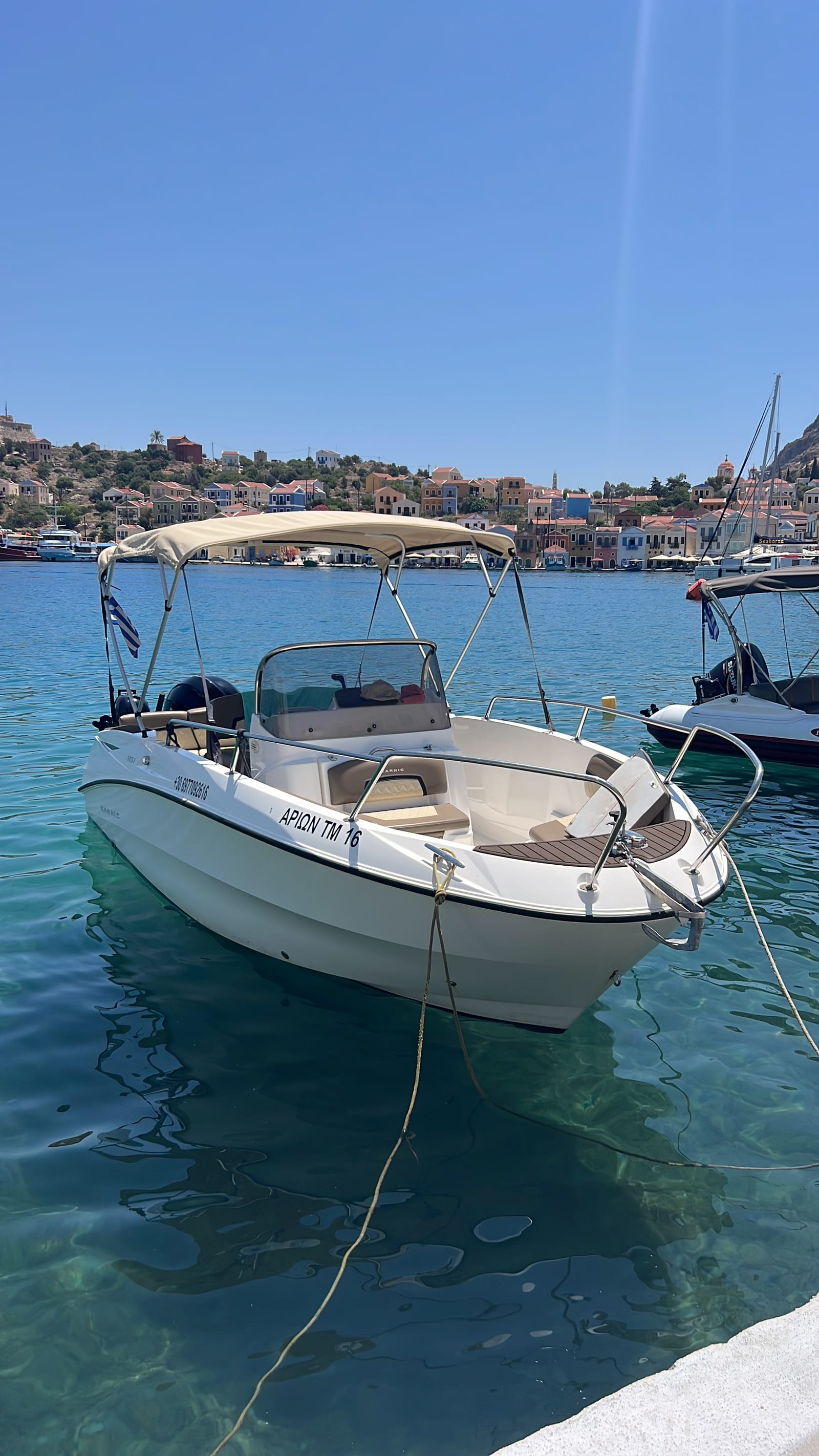 Αρίων moored at Kastellorizo harbour
